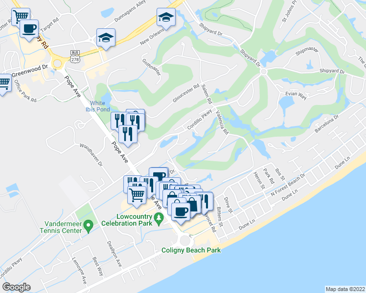 map of restaurants, bars, coffee shops, grocery stores, and more near 14 Townhouse Manor in Hilton Head Island