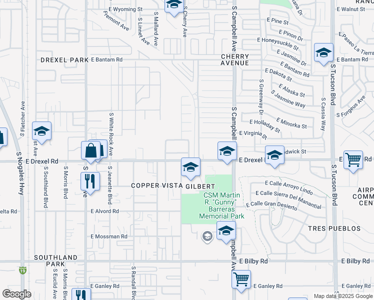 map of restaurants, bars, coffee shops, grocery stores, and more near 1577 East Wedwick Street in Tucson