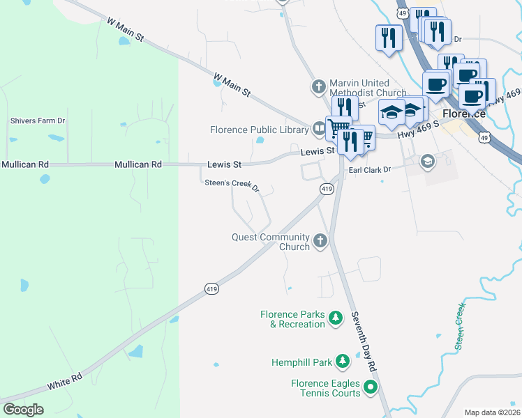 map of restaurants, bars, coffee shops, grocery stores, and more near 1275 Steen's Creek Drive in Florence