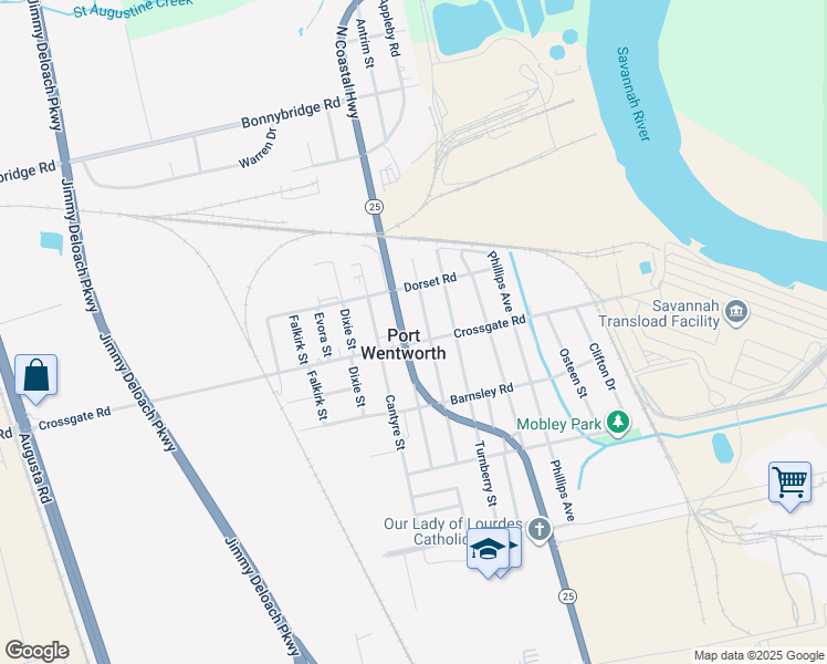map of restaurants, bars, coffee shops, grocery stores, and more near in Port Wentworth