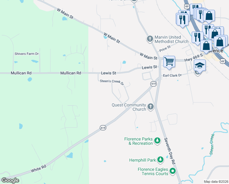 map of restaurants, bars, coffee shops, grocery stores, and more near 1040 R N Whitfield Street in Florence