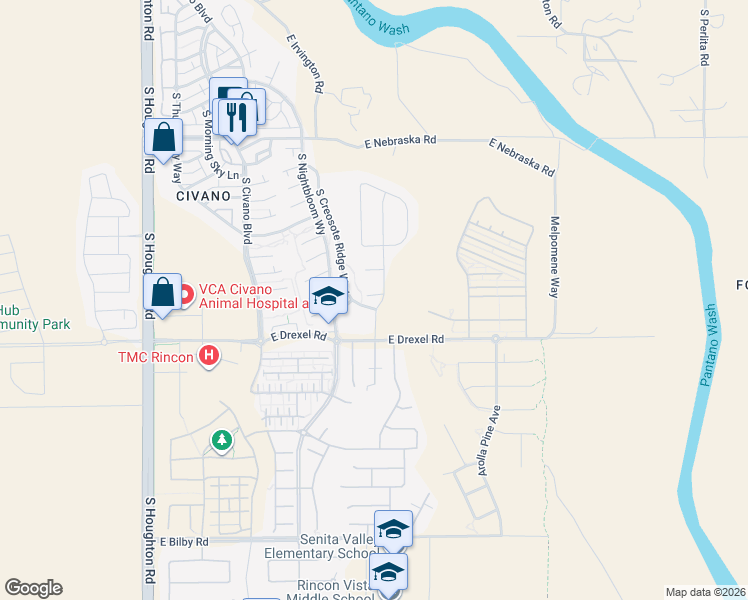 map of restaurants, bars, coffee shops, grocery stores, and more near 10734 East Sandpiper Run Court in Tucson