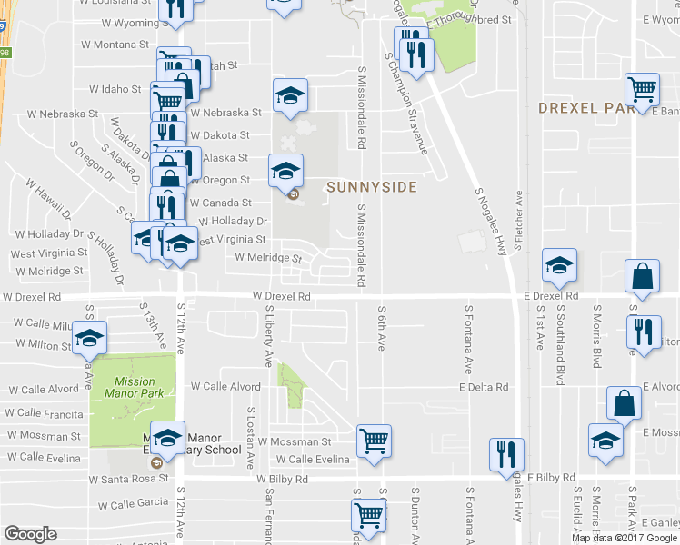 map of restaurants, bars, coffee shops, grocery stores, and more near 148 Wedwick Street in Tucson