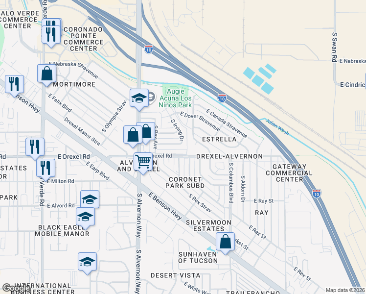 map of restaurants, bars, coffee shops, grocery stores, and more near 4058 East Holladay Street in Tucson