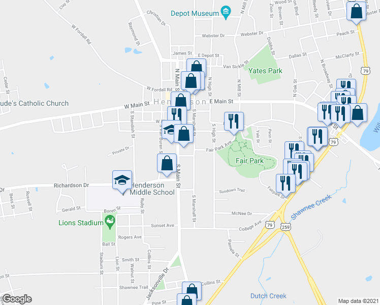 map of restaurants, bars, coffee shops, grocery stores, and more near 412 South Marshall Street in Henderson