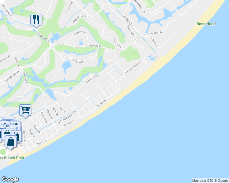 map of restaurants, bars, coffee shops, grocery stores, and more near 128 Dune Lane in Hilton Head Island