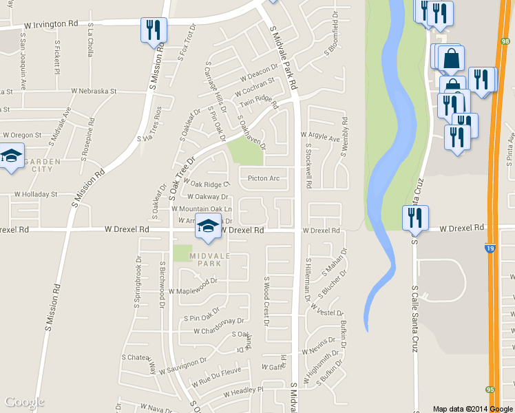 map of restaurants, bars, coffee shops, grocery stores, and more near 5632 South Wood Crest Drive in Tucson