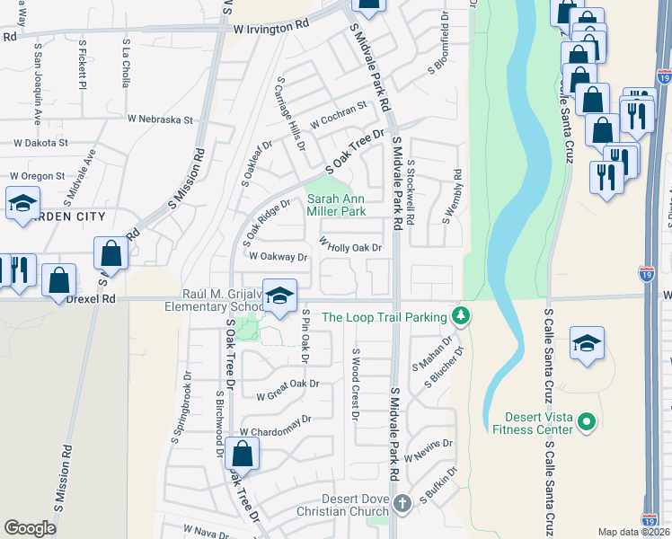 map of restaurants, bars, coffee shops, grocery stores, and more near 5632 South Wood Crest Drive in Tucson
