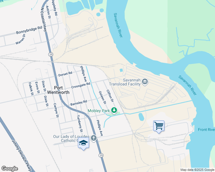 map of restaurants, bars, coffee shops, grocery stores, and more near 206 Clifton Drive in Savannah