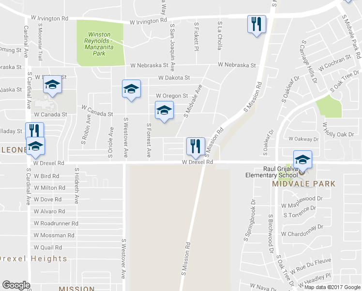 map of restaurants, bars, coffee shops, grocery stores, and more near 2240 West Virginia Place in Tucson