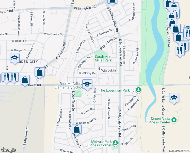 map of restaurants, bars, coffee shops, grocery stores, and more near 1750 West Mountain Oak Lane in Tucson