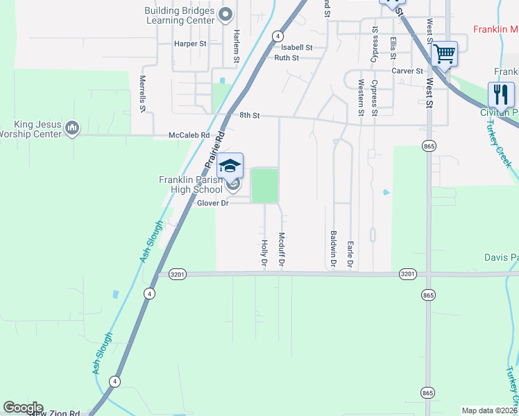 map of restaurants, bars, coffee shops, grocery stores, and more near Glover Drive in Winnsboro
