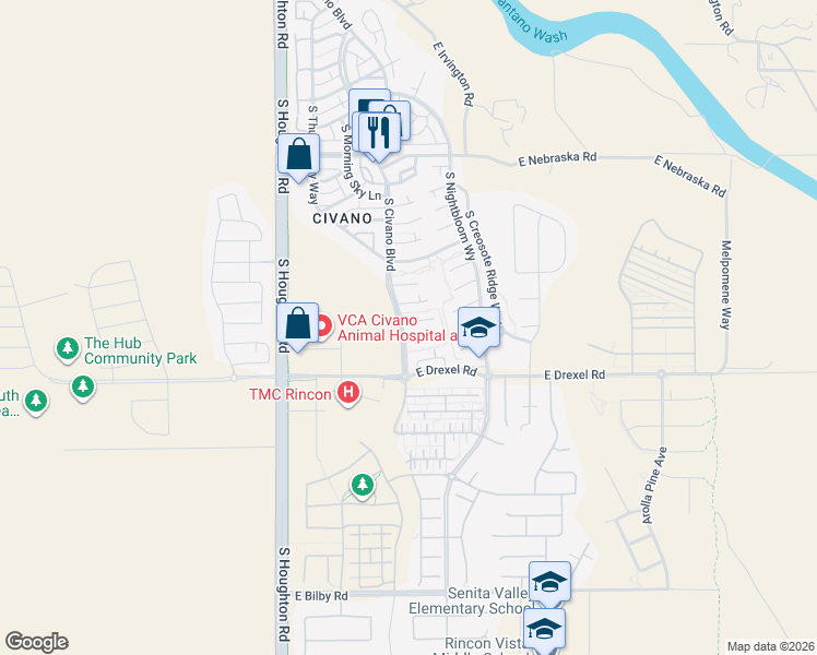 map of restaurants, bars, coffee shops, grocery stores, and more near 10549 East Ralph Alvarez Place in Tucson