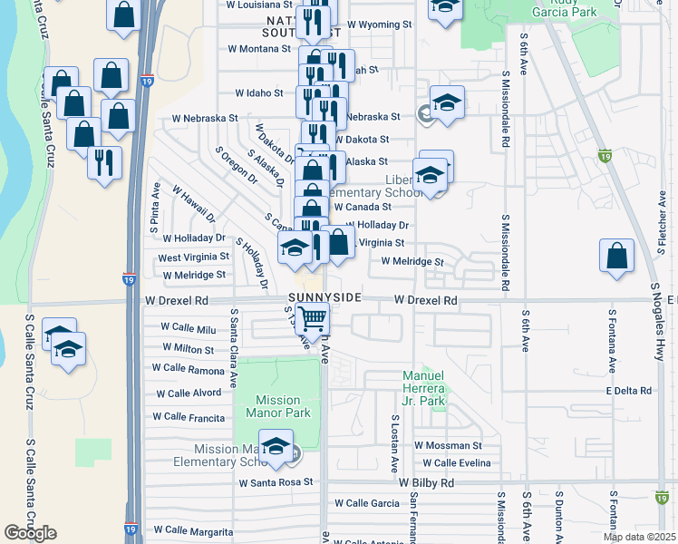 map of restaurants, bars, coffee shops, grocery stores, and more near 5663 South 12th Avenue in Tucson