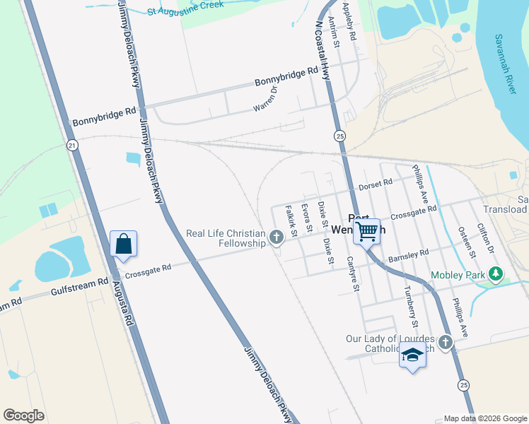 map of restaurants, bars, coffee shops, grocery stores, and more near 101 Gordon Street in Savannah