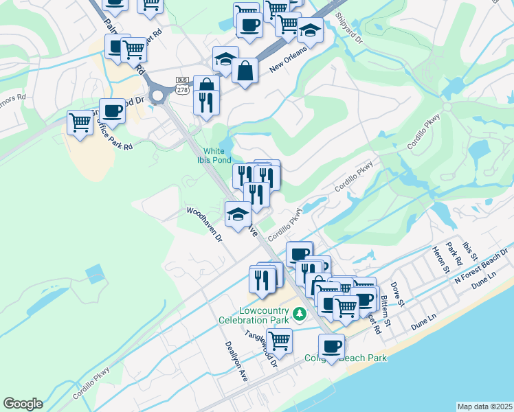map of restaurants, bars, coffee shops, grocery stores, and more near 16 Executive Park Road in Hilton Head Island