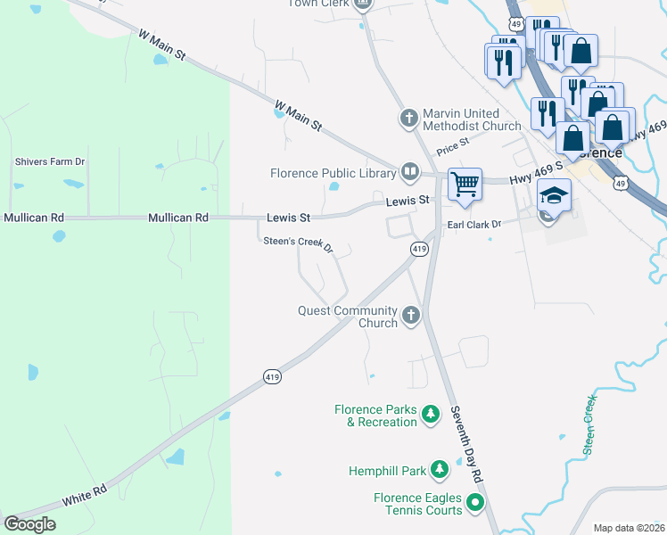 map of restaurants, bars, coffee shops, grocery stores, and more near 1275 Steen's Creek Drive in Florence