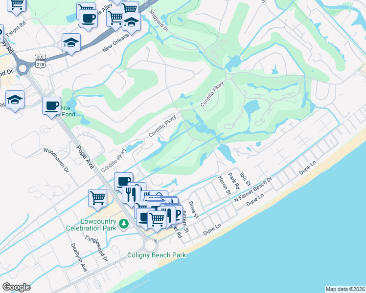 map of restaurants, bars, coffee shops, grocery stores, and more near 30 Valencia Road in Hilton Head Island