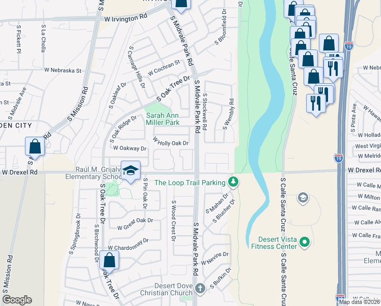 map of restaurants, bars, coffee shops, grocery stores, and more near 5600 South Midvale Park Road in Tucson