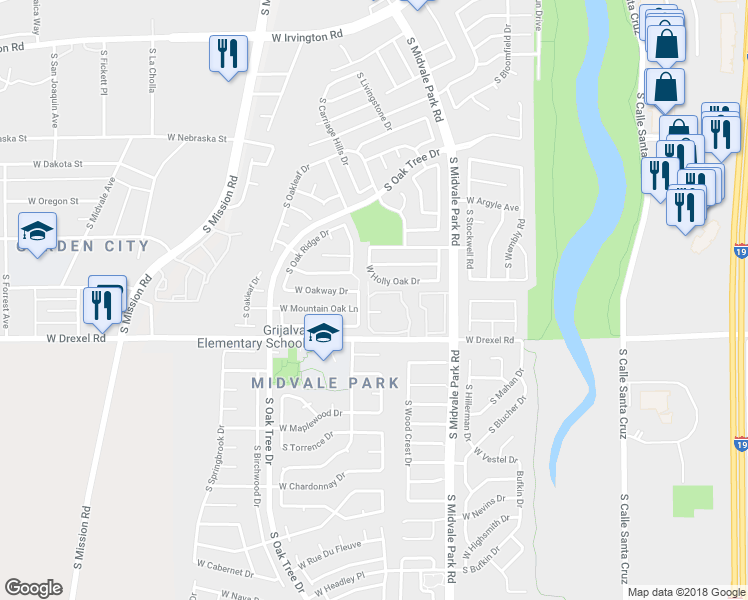 map of restaurants, bars, coffee shops, grocery stores, and more near 5632 South Wood Crest Drive in Tucson