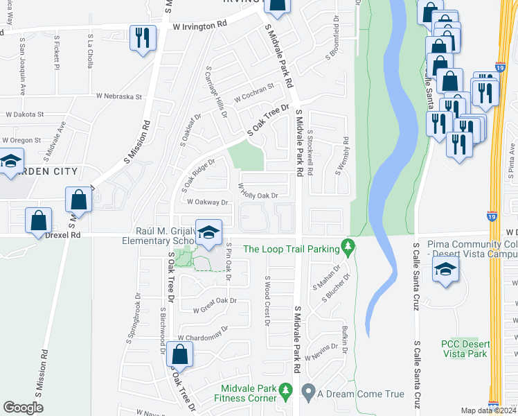 map of restaurants, bars, coffee shops, grocery stores, and more near 5614 South Wood Crest Drive in Tucson