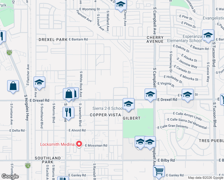 map of restaurants, bars, coffee shops, grocery stores, and more near 1433 East Wedwick Street in Tucson