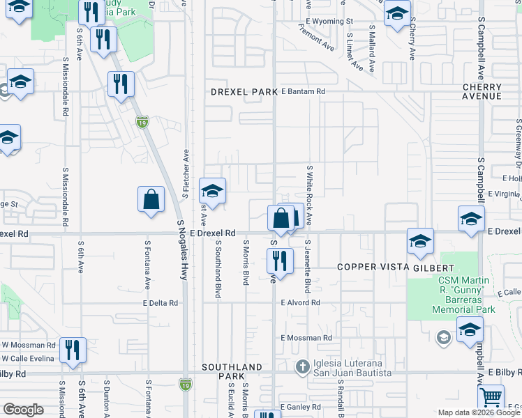 map of restaurants, bars, coffee shops, grocery stores, and more near 5650 South Park Avenue in Tucson