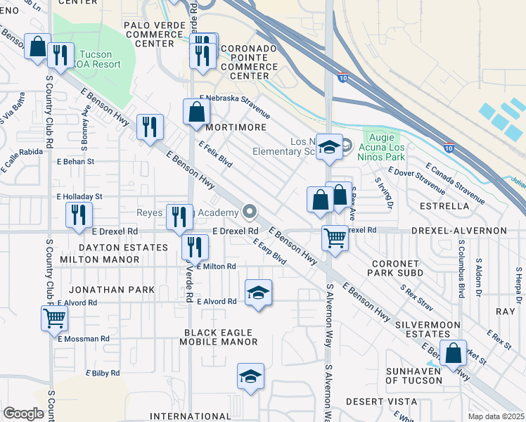 map of restaurants, bars, coffee shops, grocery stores, and more near 3704 Drexel Manor Stravenue in Tucson