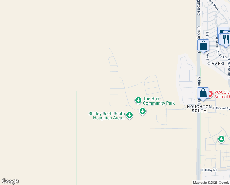 map of restaurants, bars, coffee shops, grocery stores, and more near 5420-5646 South Houghton Road in Tucson