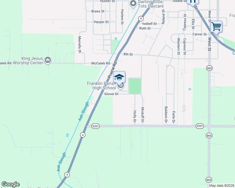 map of restaurants, bars, coffee shops, grocery stores, and more near Glover Drive in Winnsboro