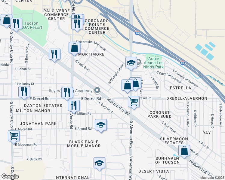 map of restaurants, bars, coffee shops, grocery stores, and more near 3788 East Felix Boulevard in Tucson