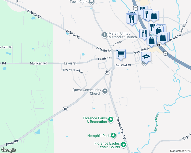 map of restaurants, bars, coffee shops, grocery stores, and more near 214 White Road in Florence