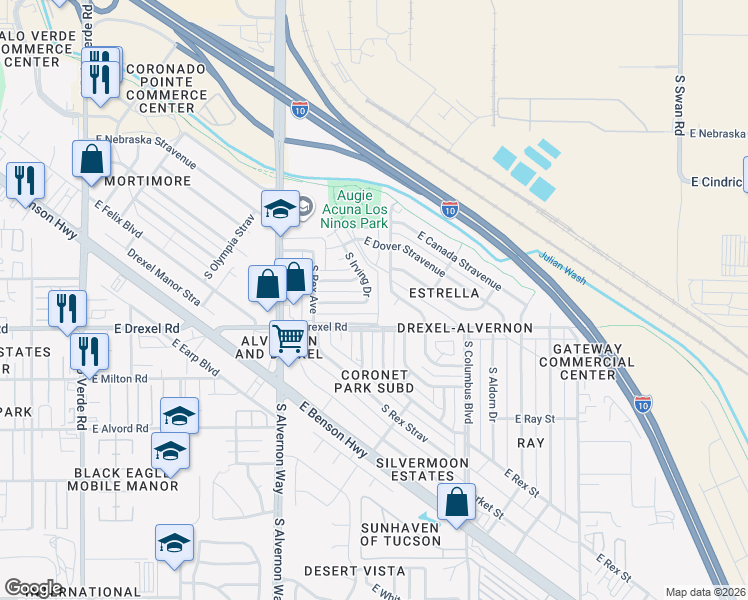map of restaurants, bars, coffee shops, grocery stores, and more near 4058 East Holladay Street in Tucson