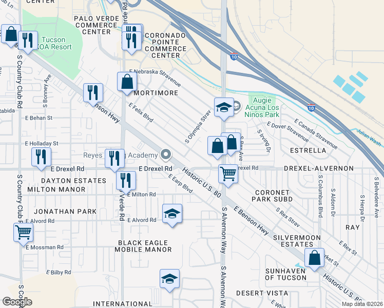 map of restaurants, bars, coffee shops, grocery stores, and more near 3788 East Felix Boulevard in Tucson