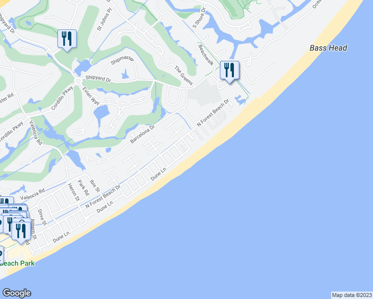map of restaurants, bars, coffee shops, grocery stores, and more near 128 Dune Lane in Hilton Head Island