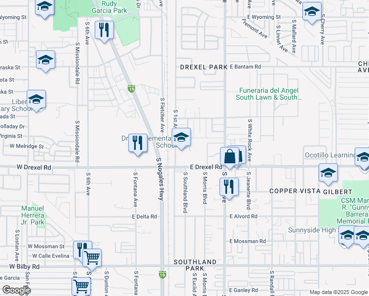 map of restaurants, bars, coffee shops, grocery stores, and more near 801 East Drexel Road in Tucson
