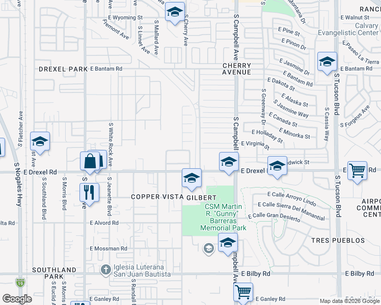 map of restaurants, bars, coffee shops, grocery stores, and more near 1577 East Wedwick Street in Tucson