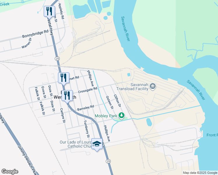 map of restaurants, bars, coffee shops, grocery stores, and more near 206 Clifton Drive in Savannah