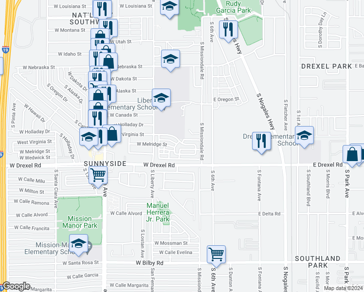 map of restaurants, bars, coffee shops, grocery stores, and more near 185 West Virginia Street in Tucson
