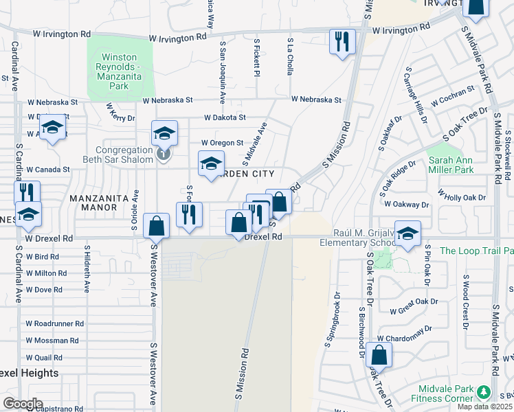 map of restaurants, bars, coffee shops, grocery stores, and more near 2181 West Holladay Street in Tucson