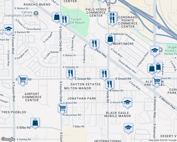 map of restaurants, bars, coffee shops, grocery stores, and more near 5641 South Masterson Avenue in Tucson