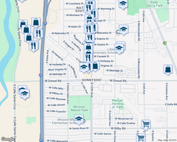 map of restaurants, bars, coffee shops, grocery stores, and more near 5663 S 12th Ave in Tucson