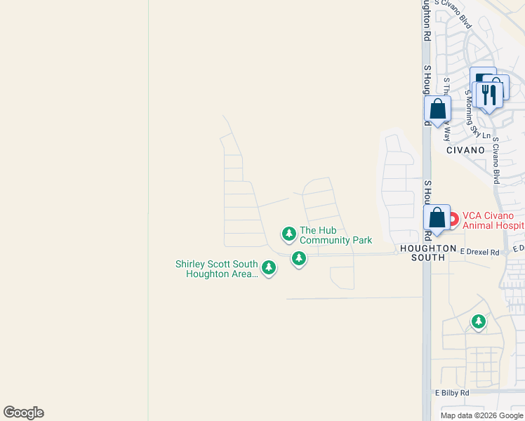 map of restaurants, bars, coffee shops, grocery stores, and more near 5420-5646 South Houghton Road in Tucson