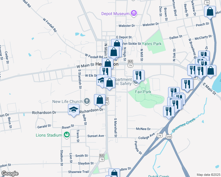 map of restaurants, bars, coffee shops, grocery stores, and more near 412 South Marshall Street in Henderson