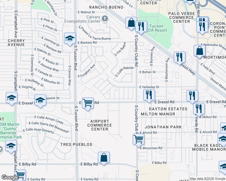 map of restaurants, bars, coffee shops, grocery stores, and more near in Tucson