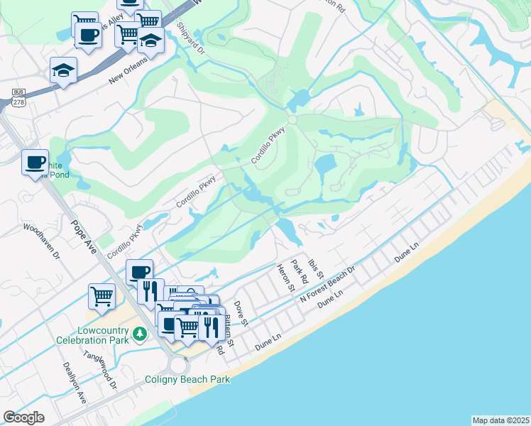 map of restaurants, bars, coffee shops, grocery stores, and more near 41 Valencia Road in Hilton Head Island