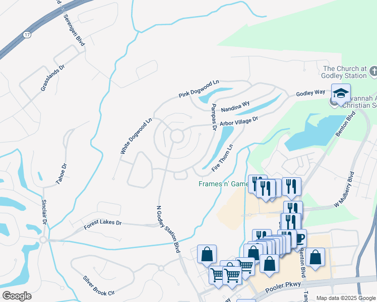 map of restaurants, bars, coffee shops, grocery stores, and more near 124 Chinese Fir Court in Pooler