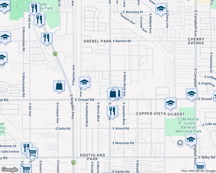 map of restaurants, bars, coffee shops, grocery stores, and more near 5650 South Park Avenue in Tucson