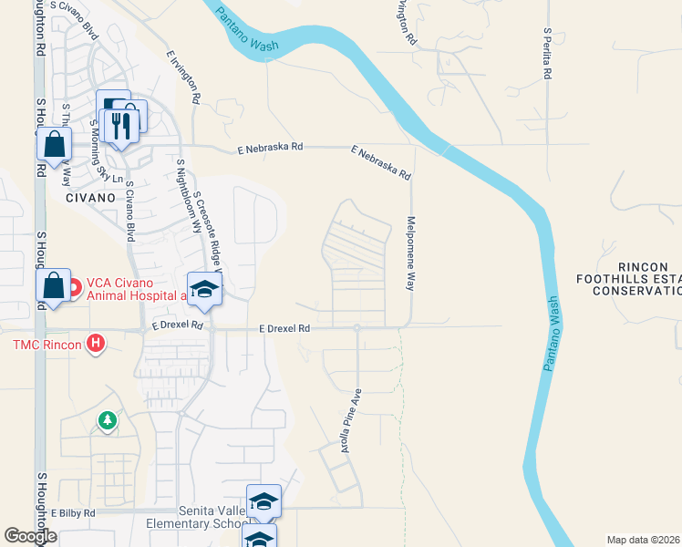 map of restaurants, bars, coffee shops, grocery stores, and more near 10944 East Midnight Moon Lane in Tucson