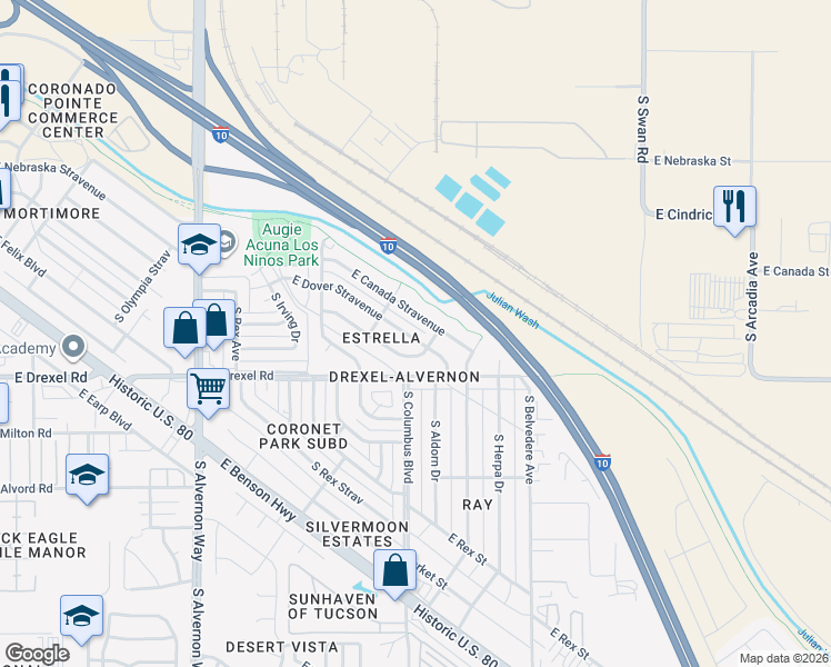 map of restaurants, bars, coffee shops, grocery stores, and more near 4272 East Canada Stravenue in Tucson